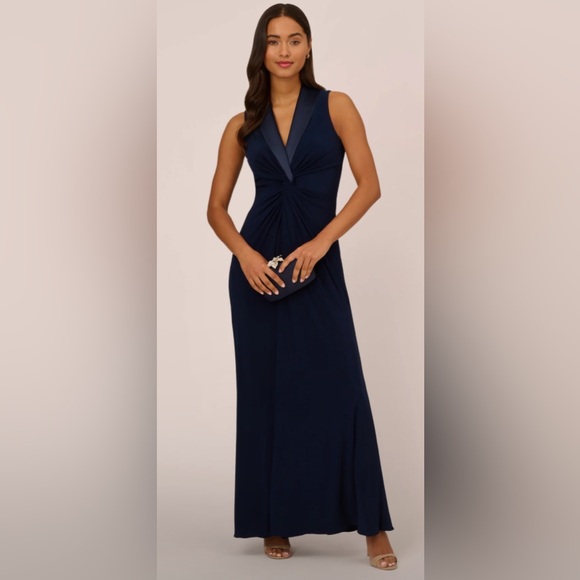 NWT Adrianna Papell Matte Jersey Twist Front Tuxedo Long Gown - Midnight
